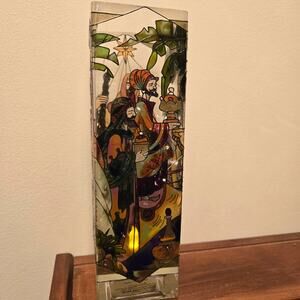 Joan Baker Hand Painted Nativity Candle Pillar Holder Vase Stained Glass Look